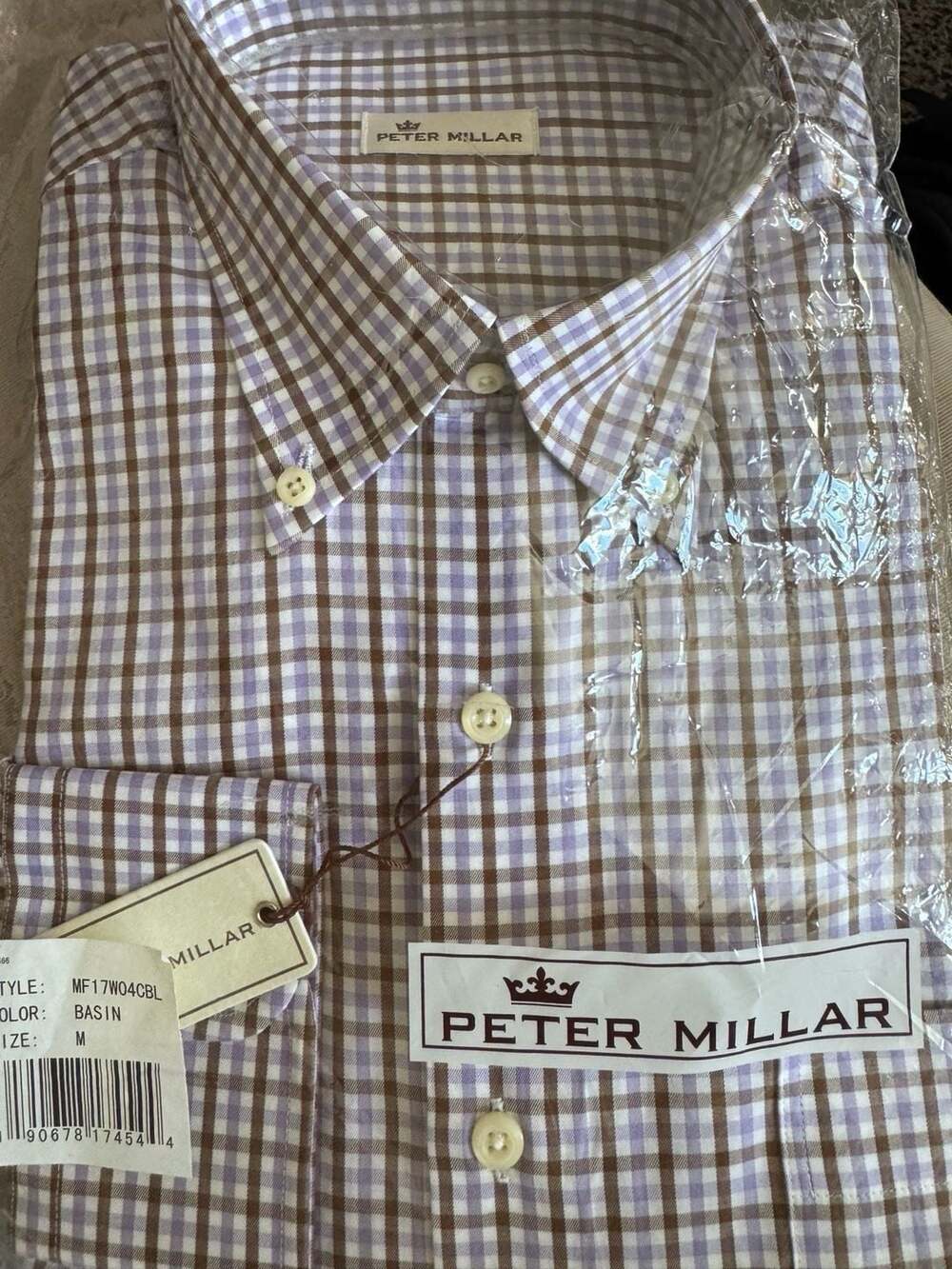 New Peter Millar Basin Check Dress Shirt, 100% Cotton, Men's Size M